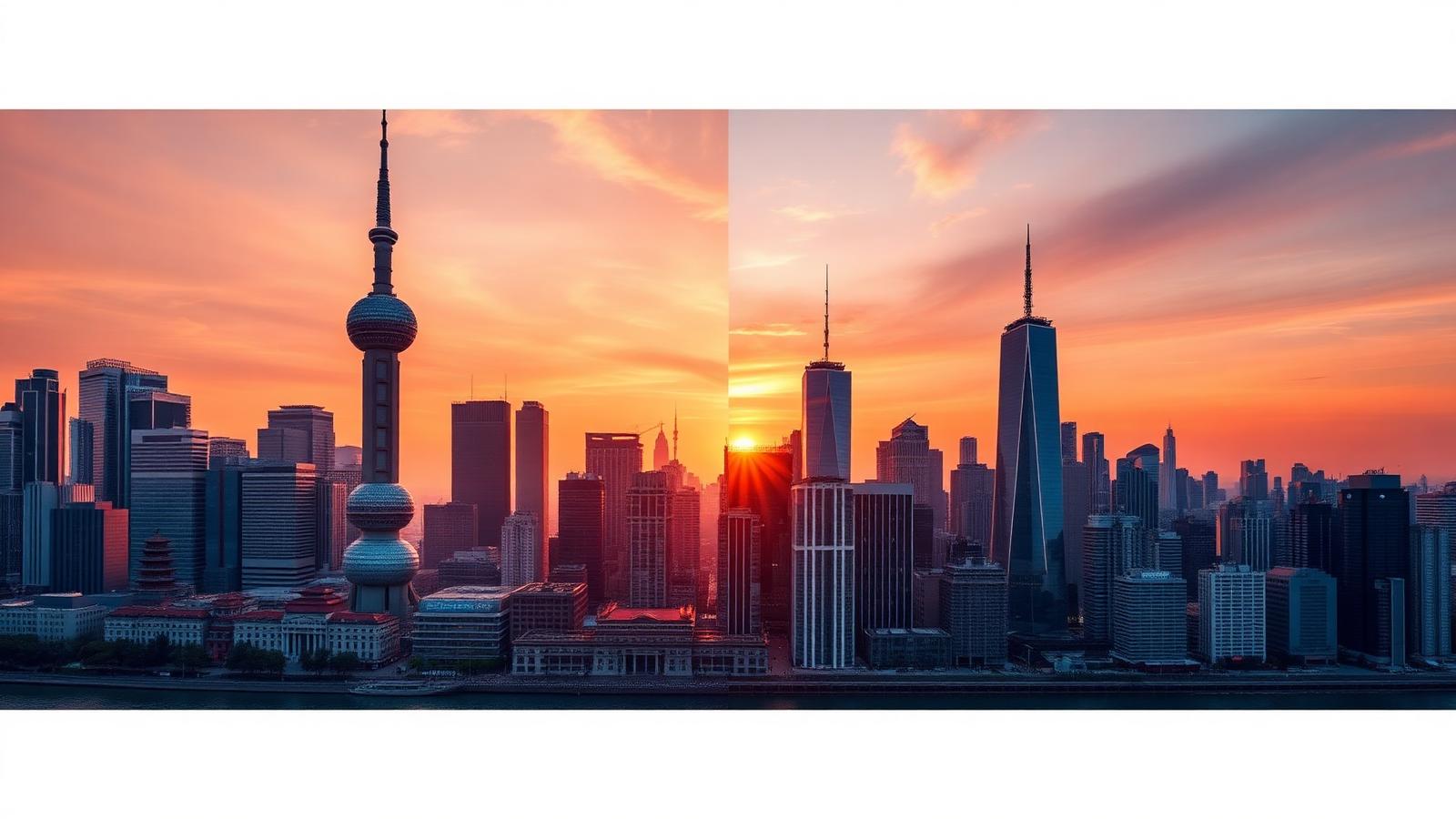 East meets West skylines at sunset